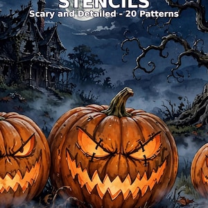 May include: Pumpkin carving stencils featuring 20 scary and detailed patterns. The image displays three orange jack-o'-lanterns with glowing eyes and jagged mouths, set against a dark, spooky landscape with a haunted house and a full moon.