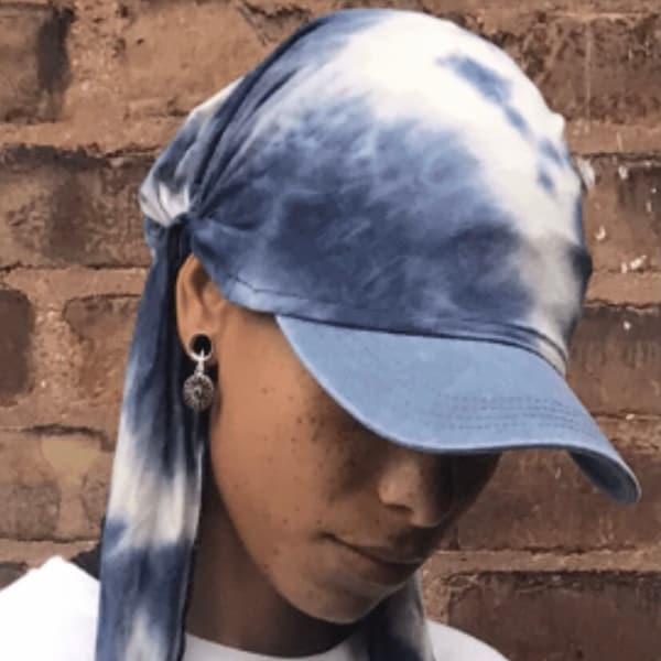 Denim Tie Dye Sun Visor Scarf | Soft Lightweight Fashion Head Scarf With Brim | Sun Shade Hat | Fun Durable Sporty Casual | Made in USA