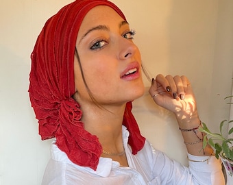 Hair Cover Gift Head Scarf | Red Hair Turban | Pre Tied With Volume | Cute Beanie | Lightweight Fashion Covering Hair Wrap | Made in USA