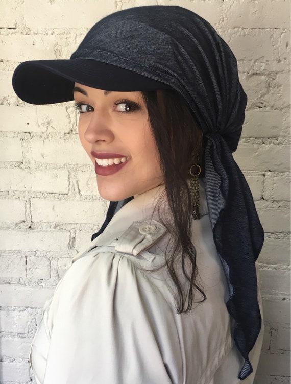 UptownGirlHeadwear Baseball Cap Scarf. Denim Hat with Brim Denim Sun Visor Pre Tied Head Cover Durag for Vacation Chic Casual Fashion Modern Hijab Made in USA