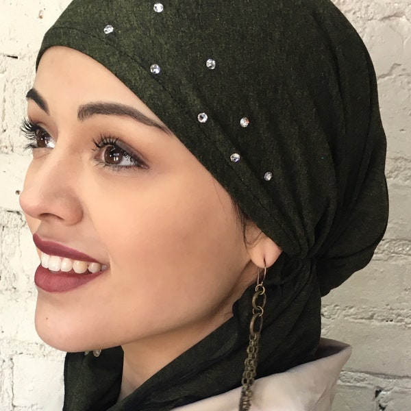 Hat Wrap Head Scarf | Tie Back Beanie To Conceal Cover Hair | Easy To Wear | Lightweight Pre Tied Hijab Turban With Crystals | Made in USA