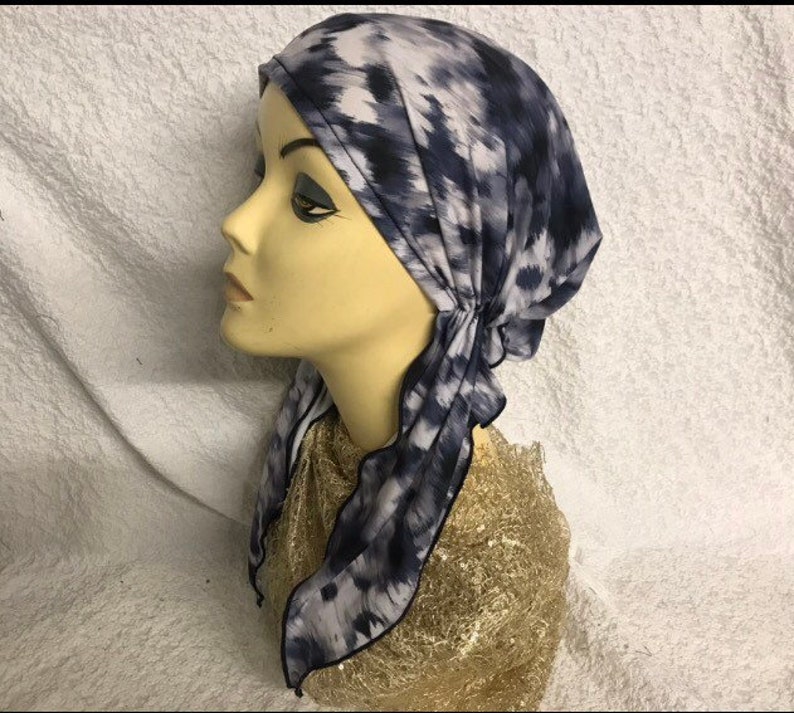 Poly Fabric Suitable For Natural Hair Made in USA 2021 Tie Back Hat Head Scarf For Women Fashion Wrap Tie Dye Grey Blue
