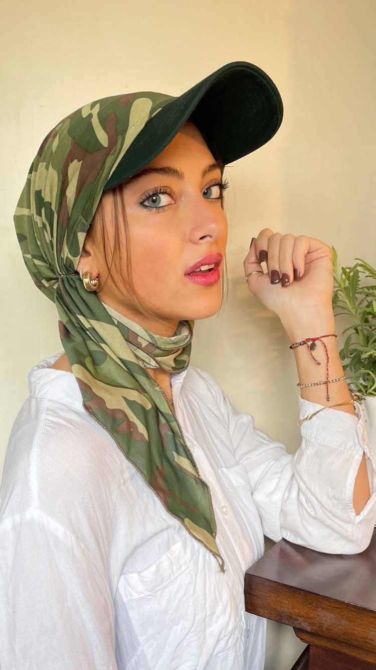 Army Hat To Cover \u0026 Conceal Hair Baseball Cap Sun Visor Tie Back Scarf Camouflage Style Pre Tied Head Wrap Durag For Women. Made in USA