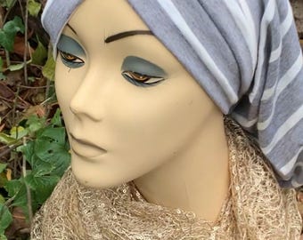 Soft Headscarf For Women | Turban To Cover Your Hair | Snood Hijab Hair Covering | Cute Grey White Casual Beanie Headwear | Made in USA