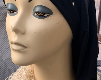 Black Snood Turban Hijab With Silver and Gold Colored Studs | Long Beanie Durag For Women | Lightweight Comfortable Head Scarf | Made in USA