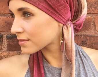Uptown Girl Headwear Pre Tied Easy Slip On Hijab Tichel Chemotherapy Head Cover Tie Dye Hair Scarf. Cocoa Raspberry