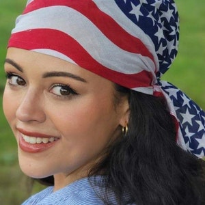 USA American Flag Pre Tied Bandana | Breathable Cotton Hair Scarf | Head Wrap For Teens Men and Women | Adjustable With Expandable Elastic