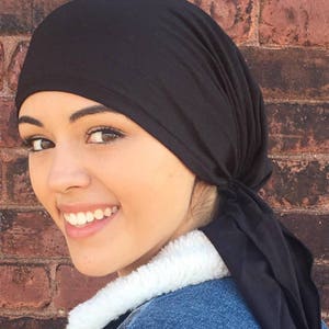 Longer Black Headscarf Tichel Modern Hijab Tie Back Cap For Long Or Short Hair Pre Tied Scarf Comfy Adjustable Ties Durag Style | USA Made