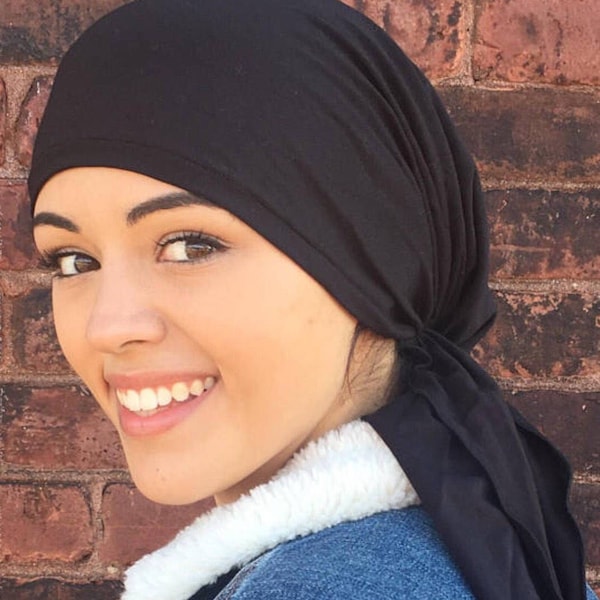 2024 Schwarzes Kopftuch Tichel Moderne Hijab Tie Back Cap für lange oder kurze Haare Pre Tied Schal Bequeme verstellbare Krawatten Durag Style | Hergestellt in den USA