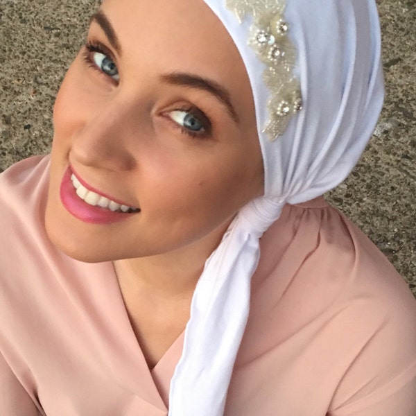 Stunning Headwear |Tie Back Hat To Cover Hair White Head Scarf Stretch Wrap | Turban Tichel Pre Tied Bandana | Sparkly Design | Made in USA