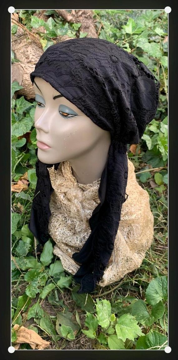 Premium Black Hijab Fashion Hair Scarf Sexy Lace Head Scarf Hijab  Stunning Vintage Style Pre Tied Hair Wrap Tichel Made in USA