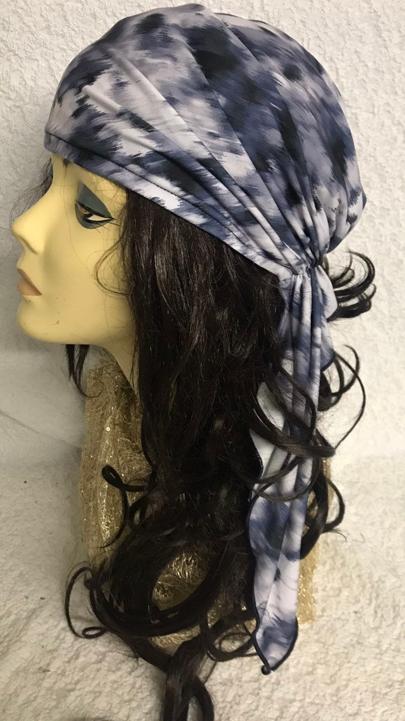 Poly Fabric Suitable For Natural Hair Made in USA 2021 Tie Back Hat Head Scarf For Women Fashion Wrap Tie Dye Grey Blue