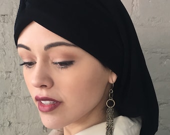 Lycra schwarzer Turban für jüdische muslimische christliche Frauen | Bequeme Kopfbedeckung Religious Fashion | Dehnbar Snood Hijab für das Gebet | Hergestellt in den USA