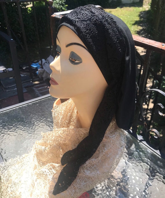 Black Head Covering Head Scarf With Adjustable Vintage Style