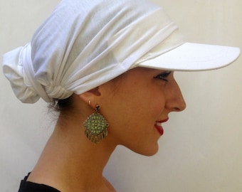 Black or White Sun Visor With Pre Tied Turban | Easy Head Scarf Hijab Tichel For The Beach Vacation | Hat To Keep Cool and Help Shade You