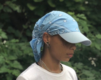 Baseball Cap With Fabric Scarf Sun Visor Brim Hat Pre Tied Head Covering Bandana For Women With Long & Short Hair. For Outdoors Indoors
