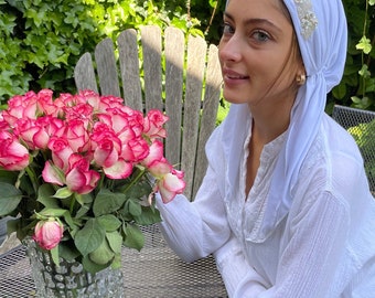 White Head Scarf For Woman | White Hair Covering | White Fashion Head Scarf | Hijab Wrap With Design. Quality Made in USA