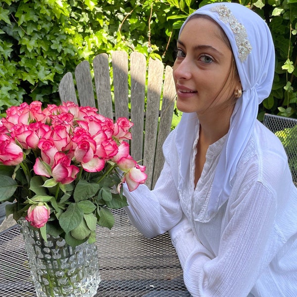 White Head Scarf For Woman | White Hair Covering | White Fashion Head Scarf | Hijab Wrap With Design. Quality Made in USA