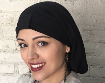 Black Hijab Islamic Muslim Headwear. Jewish Snood, Turban Head Covering For Women To Cover & Conceal Long or Short Hair. Made in USA