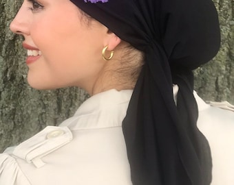 Cool Elegant Dressy Head Covering For Woman | Black Tie Back Hat Scarf With Purple Flower | Easy To Wear Style Hair Wrap Quality Made in USA