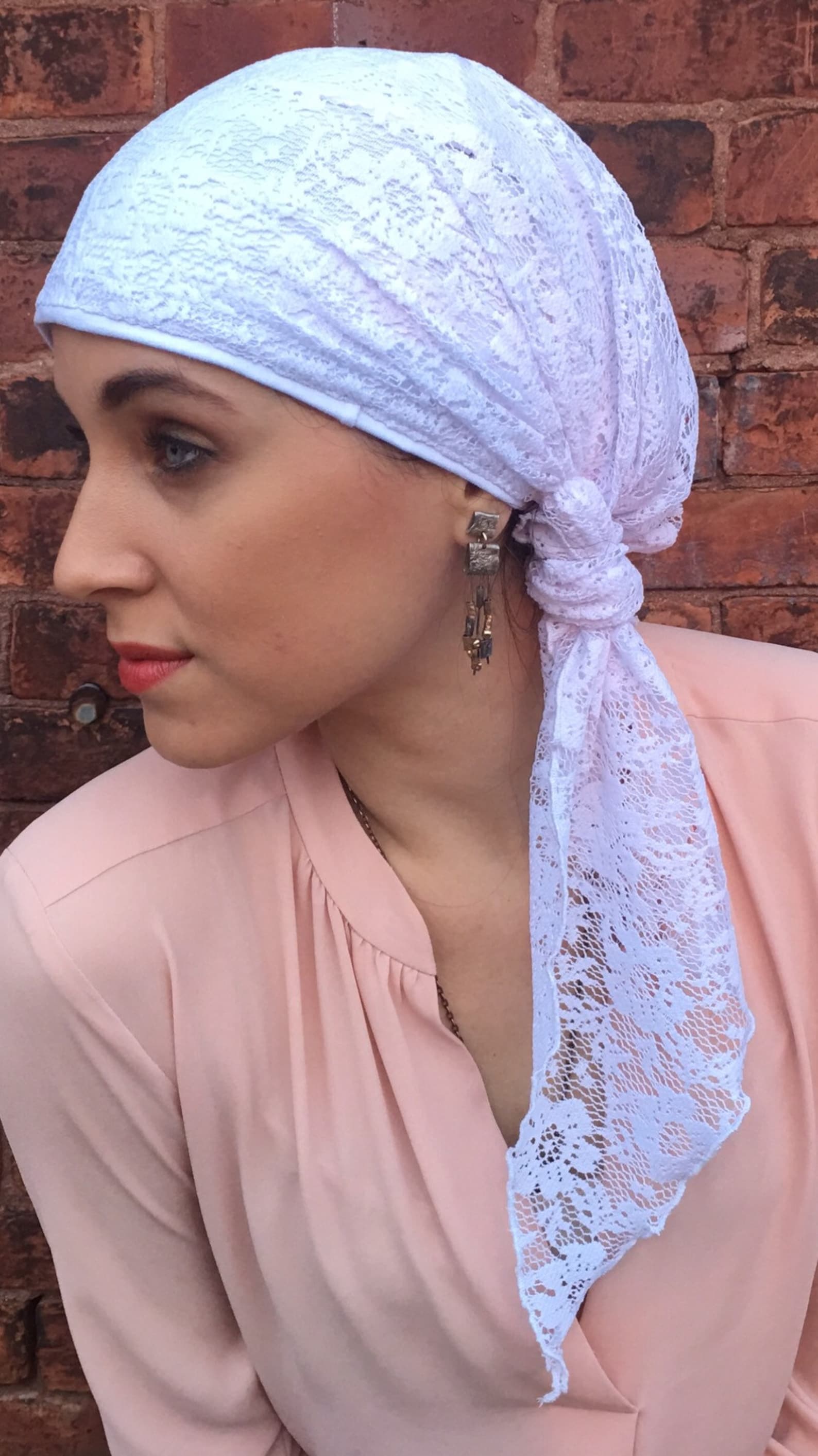 White Lace Head Cover Crown Vintage Style Pre Tied Hair Wrap Etsy