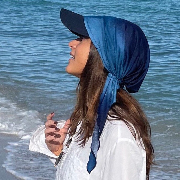 Hair Covering For Woman | Youthful Style | Baseball Cap Scarf | Quality Brim Hat | Blue Tie Dye Sun Visor Head Scarf For women | Made in USA