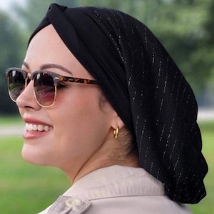 Black Tichel With Silver. New Beautiful Snood Lightweight Beanie Turban Modern Hijab For Woman. Renaissance Fashion Made in USA