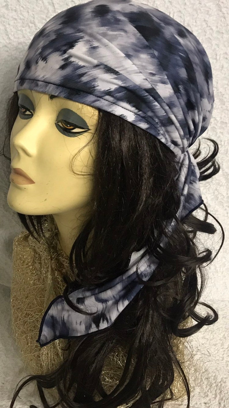 Poly Fabric Suitable For Natural Hair Made in USA 2021 Tie Back Hat Head Scarf For Women Fashion Wrap Tie Dye Grey Blue