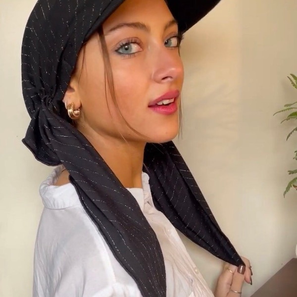 Bellissimo foulard con visiera parasole / Sciarpa pre-annodata con visiera a tesa nera e argento scintillante / Cappello da spiaggia per donna / Cappellino casual formale / Prodotto negli Stati Uniti