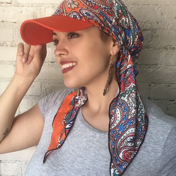 Orange Sun Hat | Cute Hat | Sun Visor Scarf | Casual Sport Headwear | Islamic Hijab |  Durag Headcovering | Beachwear Hat | Made in USA