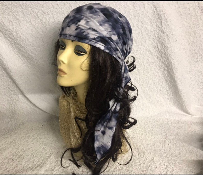 Poly Fabric Suitable For Natural Hair Made in USA 2021 Tie Back Hat Head Scarf For Women Fashion Wrap Tie Dye Grey Blue