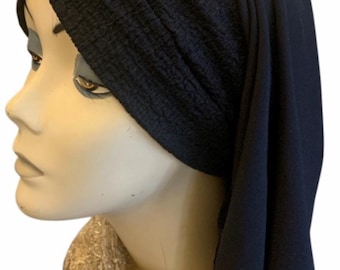 Black Snood Turban | Black Tichel With Height | Modern  Hijab Style For Women | High Top Knot Turban | Textured Comfy Front | Made in USA