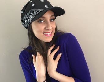 Vintage 90s Curled Brim Western Style Scarf Hat in Navy Blue