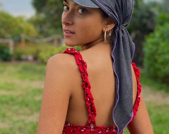 Hat With Visor ScarfGrey Lavender Jersey Knit T Shirt Fabric Made in USA by Uptown Girl Headwear