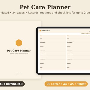 Utskrivbar husdjursvårdsplanerare, veterinärjournal, hundkattorganisatör PDF, Letter A4 A5-tavla