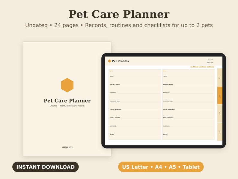 Planificador de cuidado de mascotas imprimible, registro de historial veterinario, organizador de perros y gatos en PDF, tamaño carta, A4, A5 y tableta. imagen 1
