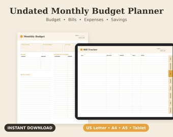 Agenda mensile stampabile, strumento per il monitoraggio delle spese, organizzatore di bollette, PDF per il risparmio, formato Letter, A4, A5, tablet.