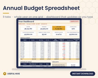 Annual Budget Spreadsheet, Plan vs Actual Tracker, Savings Goals, Irregular Expenses, Year Dashboard