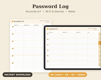 Password Hint Log Printable, Login Reminder Sheet, Account Organizer PDF, Letter A4 A5 Tablet