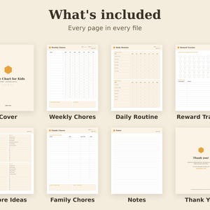 May include: A digital chore chart set for kids featuring eight pages with a cream background and gold accents. Pages include a cover, weekly chores, daily routine, reward tracker, chore ideas, family chores, notes, and a thank you page.