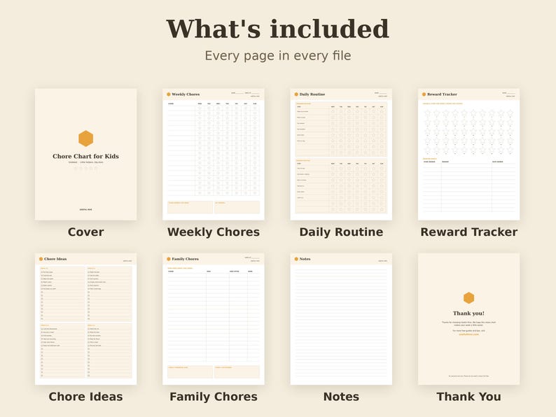 May include: A digital chore chart set for kids featuring eight pages with a cream background and gold accents. Pages include a cover, weekly chores, daily routine, reward tracker, chore ideas, family chores, notes, and a thank you page.