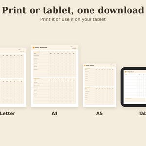 May include: A digital daily routine planner set featuring US Letter, A4, and A5 printable paper sizes alongside a tablet version. The text reads Print or tablet, one download, Print it or use it on your tablet, Daily Routine, and Weekly Chores.