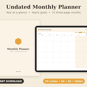 Undated Monthly Planner Printable, Goal Setting, Habit Tracker, Review PDF, Letter A4 A5 Tablet image 1