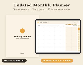 Undated Monthly Planner Printable, Goal Setting, Habit Tracker, Review PDF, Letter A4 A5 Tablet