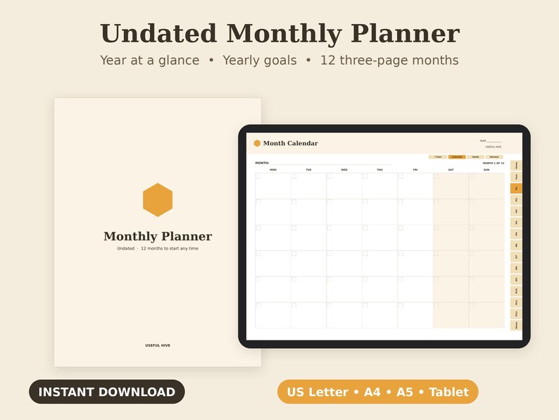 Undated Monthly Planner Printable, Goal Setting, Habit Tracker, Review PDF, Letter A4 A5 Tablet image 1