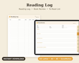 Reading Log Printable, Book Tracker, Review Journal, TBR List PDF, Letter A4 A5 GoodNotes