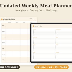 Undated Weekly Meal Planner Printable, Grocery List, Food Prep PDF, Letter A4 A5 Tablet