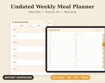 Pianificatore settimanale dei pasti senza data, stampabile, lista della spesa, PDF per la preparazione dei pasti, formato Letter A4 A5 Tablet