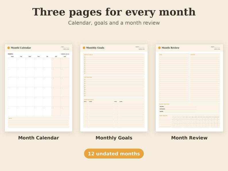 Undated Monthly Planner Printable, Goal Setting, Habit Tracker, Review PDF, Letter A4 A5 Tablet image 2