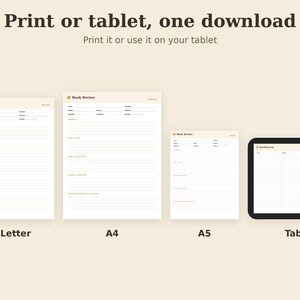 Może przedstawiać: Cyfrowa kolekcja szablon&oacute;w recenzji książek obejmująca formaty US Letter, A4 i A5 oraz dziennik czytania na tablet. Tekst zawiera napisy Print or tablet, one download, Print it or use it on your tablet, Book Review oraz Reading Log.